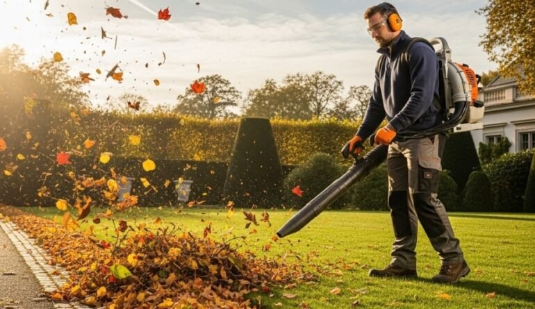 Professional landscaper using a backpack leaf blower to clear fallen leaves from a lawn and walkway