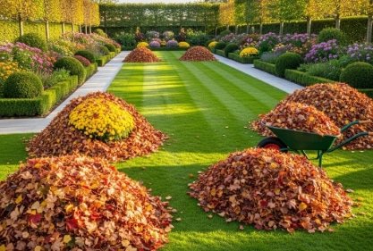 Large piles of autumn leaves on a perfectly manicured lawn, ready for disposal after a professional fall cleanup service.