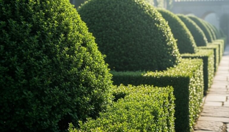 Expertly manicured hedge garden showcasing professional shrub trimming and shaping services