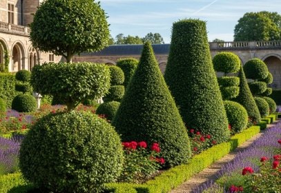 Expertly sculpted topiary garden with perfectly manicured hedges, showcasing professional shrub shaping services in Naples, Florida.