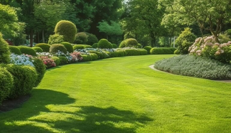 Beautifully landscaped residential garden with lush green lawn, trimmed hedges, and vibrant flowerbeds, showcasing complete landscaping solutions in Naples, Florida.