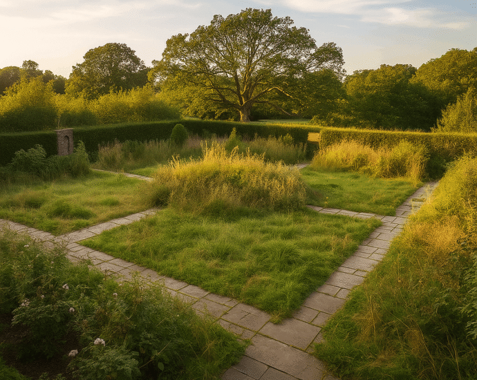 Overgrown and neglected garden with tall grass, untrimmed hedges, and weeds, illustrating the need for professional landscaping services.