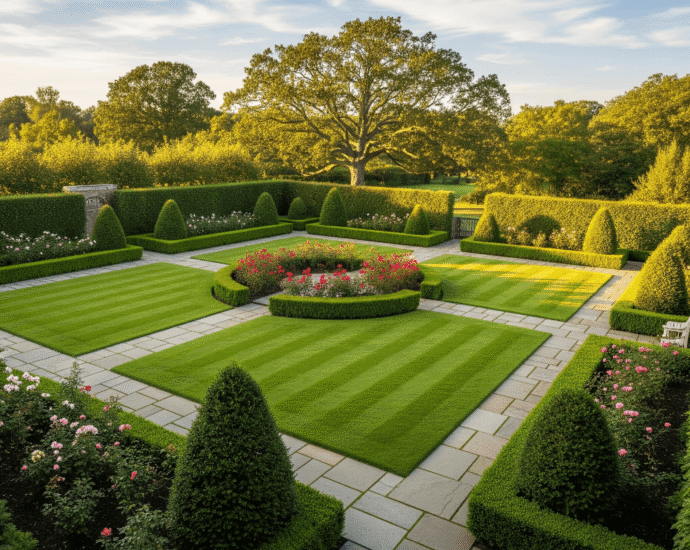 Beautifully transformed garden with perfectly striped lawn, meticulously trimmed hedges, and vibrant flowerbeds, the result of complete landscaping services.