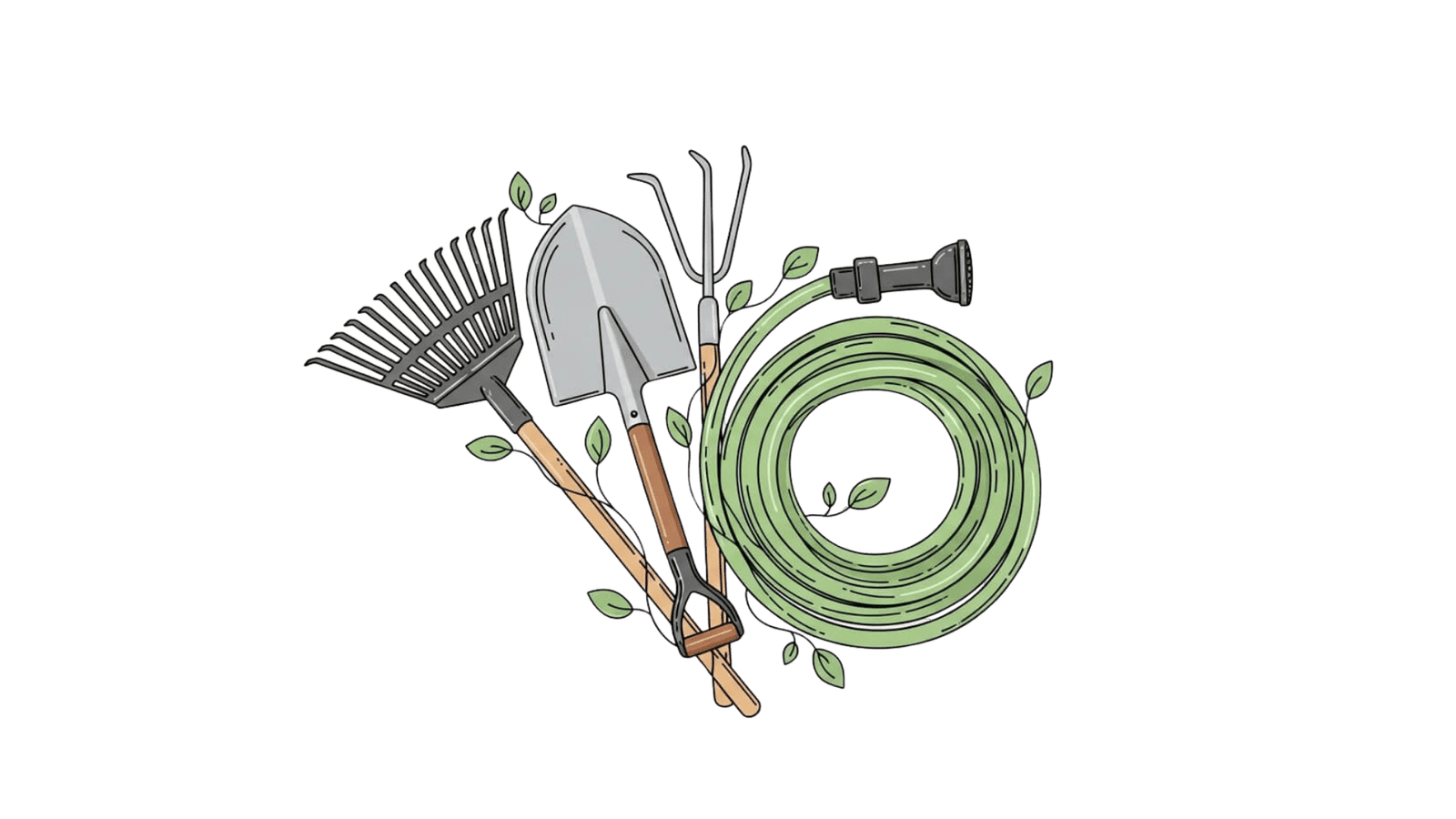 Minimalist line art illustration featuring gardening tools: a rake, shovel, trowel, and garden hose with green and brown details on a cream background. Illustrates gardening and lawn maintenance services.