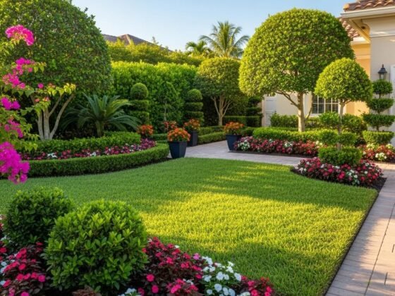 Beautifully maintained residential garden in Naples, Florida, with meticulously trimmed shrubs, vibrant flowerbeds, and a healthy lawn.