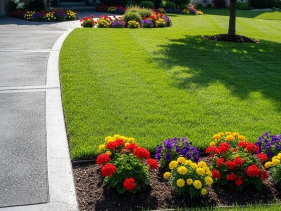 Close-up view of a perfectly manicured lawn with vibrant flowerbeds and clean edges along a driveway.