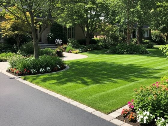 A perfectly striped and manicured front lawn of a residential home, showcasing professional lawn mowing and edging services in Naples, Florida.
