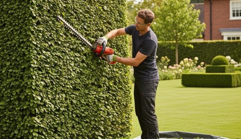 Professional landscaper trimming a tall, rectangular hedge with a power hedge trimmer in a residential garden.