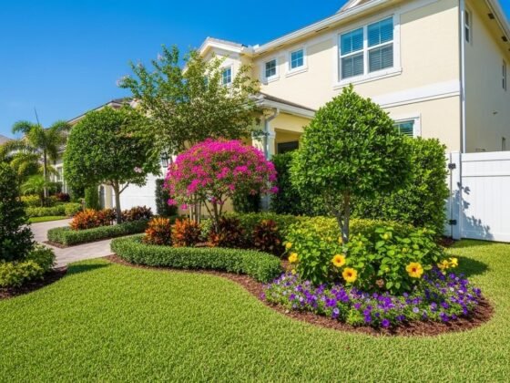 Beautifully maintained residential front yard with a lush lawn, perfectly trimmed shrubs, and vibrant flowers in Naples, Florida.