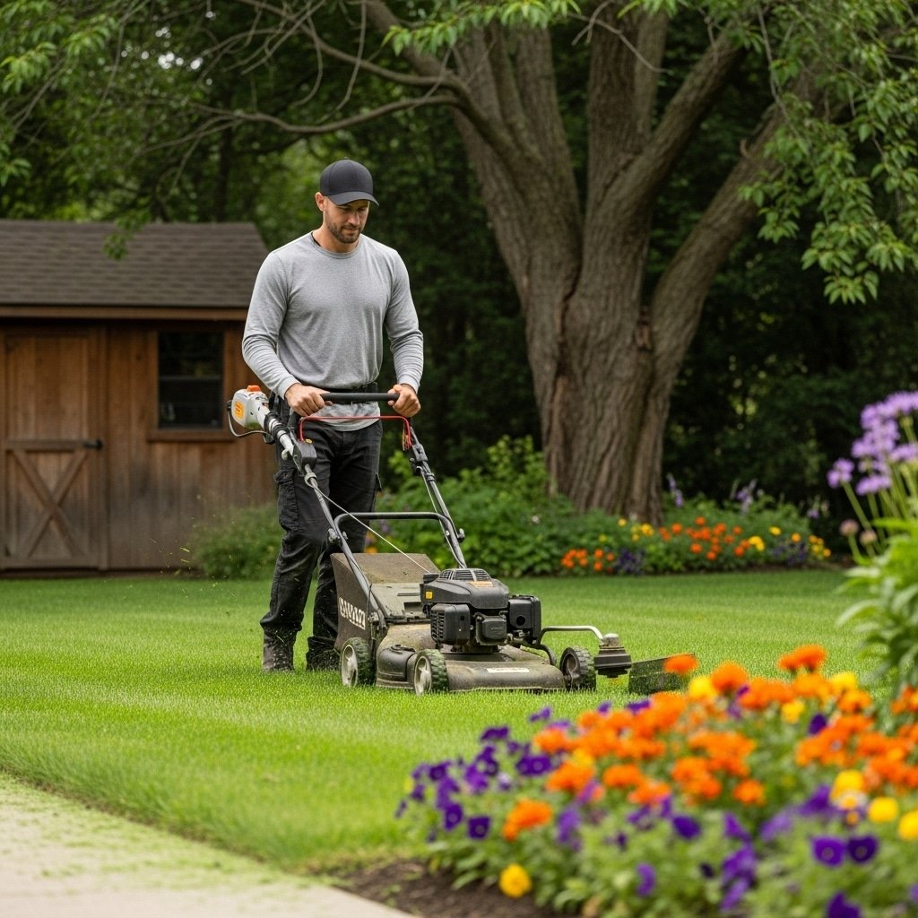 Professional landscaper mowing a beautiful residential lawn in Naples, Florida.