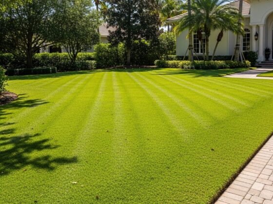 Perfectly manicured residential lawn with clean mowing stripes and sharp edges in Bonita Springs, Florida.