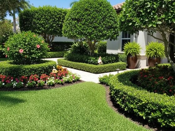 Meticulously trimmed and shaped hedges and shrubs in a well-maintained garden in Bonita Springs, Florida.