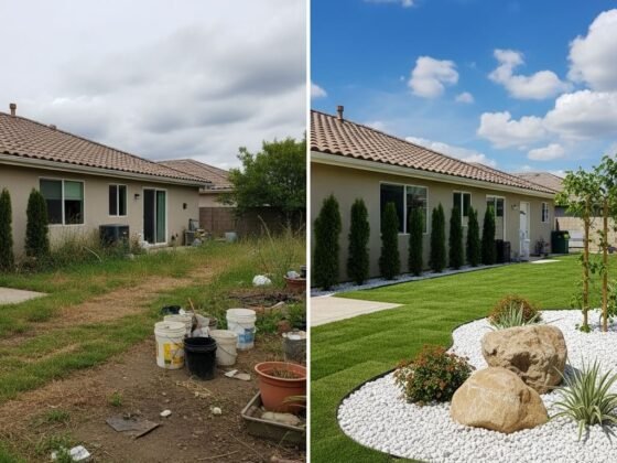 Before and after landscaping transformation in a Naples backyard. The 'before' shows a messy, overgrown yard and the 'after' shows a clean, modern landscape with artificial turf and a rock garden.