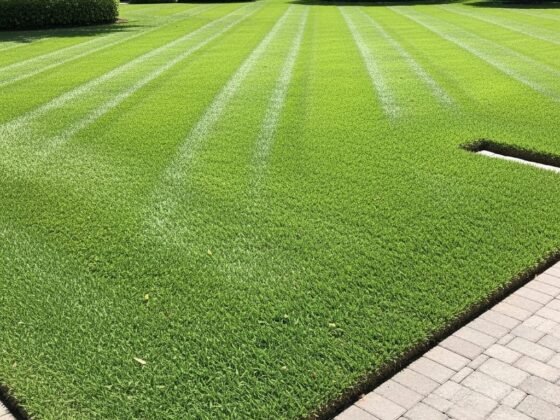 A perfectly striped and manicured lawn with sharp edges along a paver walkway, showcasing professional lawn mowing services in Naples, Florida.