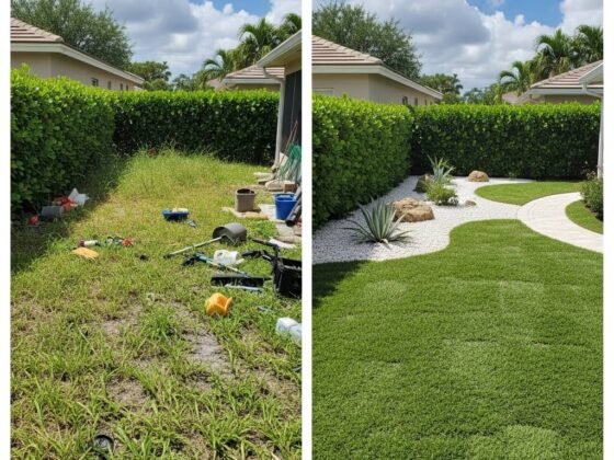 Before and after of a side yard transformation in Naples, Florida. The 'before' shows an overgrown yard and the 'after' shows a modern landscape design with a clean lawn and rock pathway.