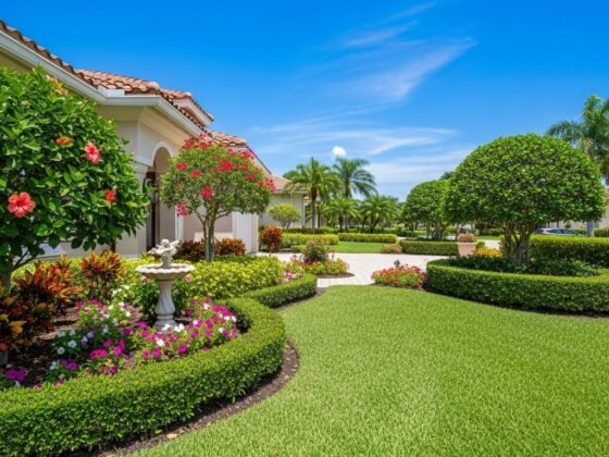 Beautifully maintained residential front yard with a stone fountain, lush lawn, and perfectly trimmed hedges in Naples, Florida.