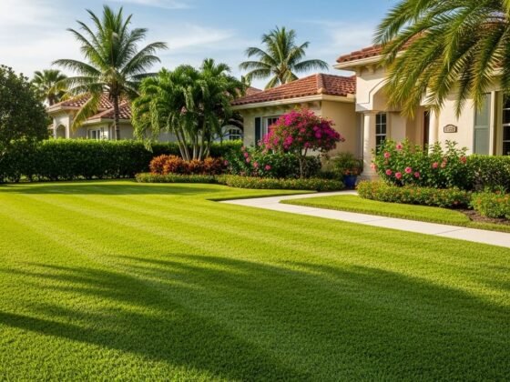 Beautifully manicured front yard of a luxury home in Naples, Florida, with a perfectly striped lawn, palm trees, and well-kept hedges.