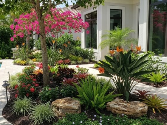 Beautifully designed tropical garden with colorful flowers, lush plants, and decorative rocks in a residential yard in Naples, Florida.