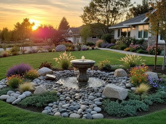 Beautifully designed front yard with a stone water fountain and river rock garden, showcasing professional landscape design in Naples, Florida.